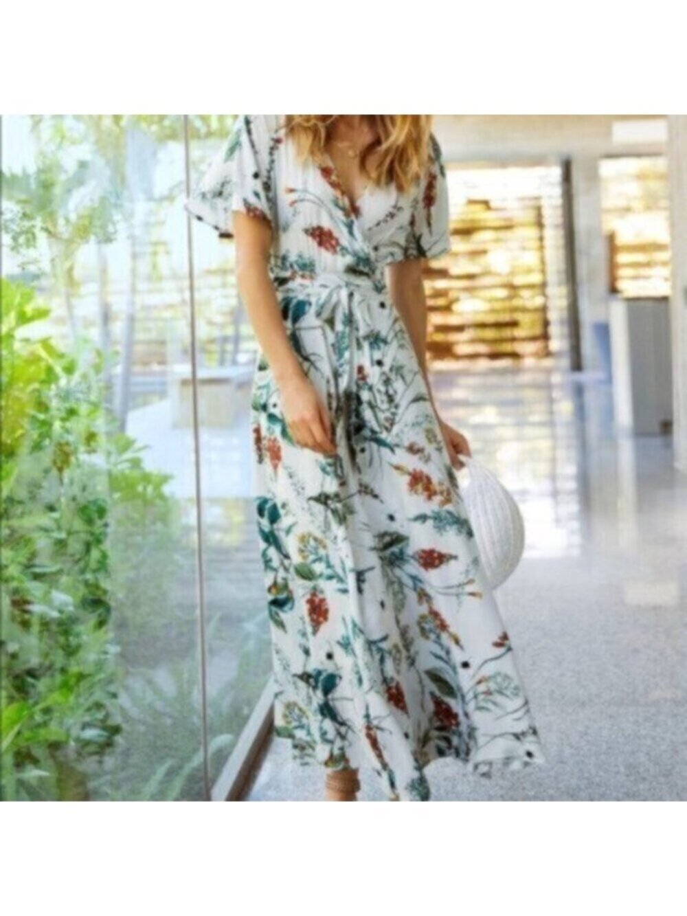 Elan | Women's Light Blue & Floral Print Maxi Wrap Dress Size Medium